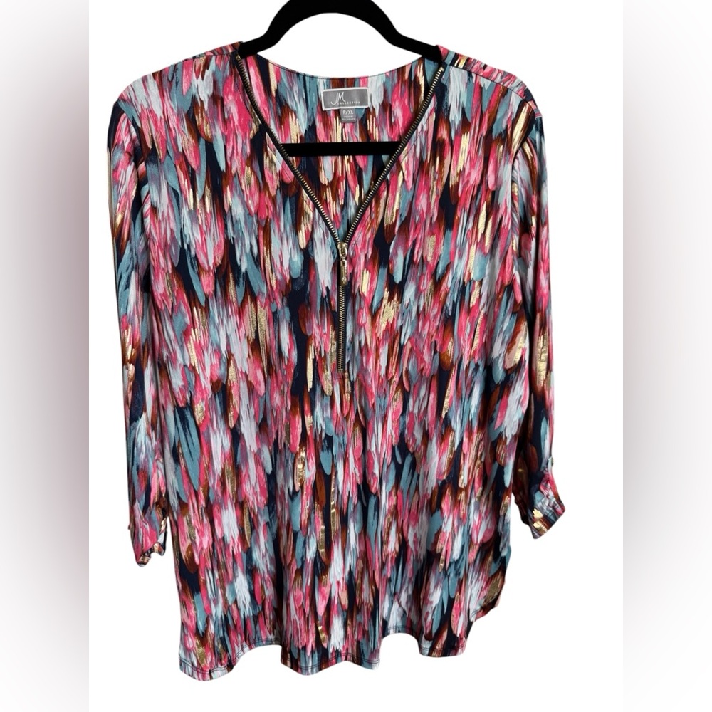 JM Collection Multi-Color Zip-Front Tunic with Gold Metallic Accents